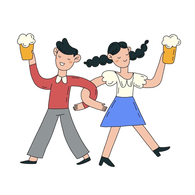 Happy characters dancing with an alcohol drinks hand drawn flat illustration isolated on white.