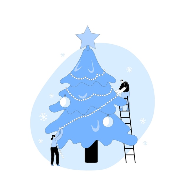 Happy Characters Decorate Christmas Tree Young Man and Woman on Ladder Hanging Garland for New Year or Christmas