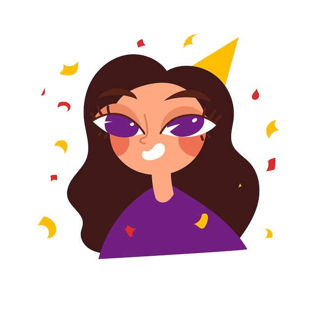 Happy charming girl celebrates her birthday The concept of a birthday good mood gifts delicious cake a day that has been long awaited Cartoon flat vector illustration