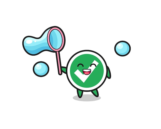 Happy check mark cartoon playing soap bubble