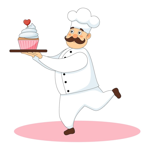 Vector happy chef carrying a cake with heart