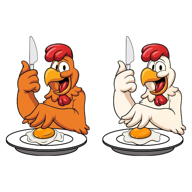 Happy chicken eating egg vector art