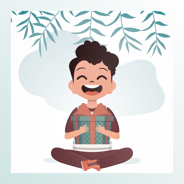 Happy child boy sits in a lotus position and holds a gift with a bow in his hands Birthday new year or holidays theme Cartoon style Vector illustration