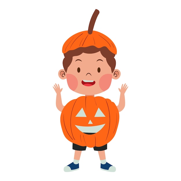 Vector happy child boy wear orange pumpkin jack o lantern costume for halloween party illustration