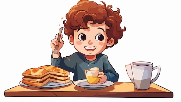 Happy Child Having Breakfast in Colorful Cartoon Style Vector Illustration