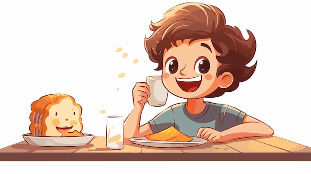 Vector happy child having breakfast in colorful cartoon style vector illustration