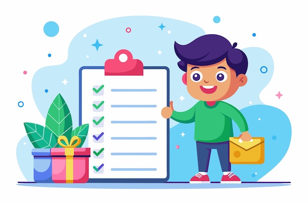 Vector a happy child holds a briefcase near a checklist and presents surrounded by vibrant colors and plants online wishes list customizable cartoon illustration