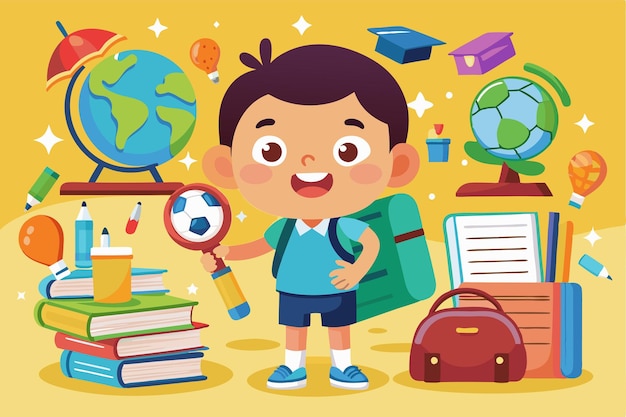 A happy child holds a soccer ball magnifying glass surrounded by school supplies and a globe Customizable cartoon illustrations for back to school