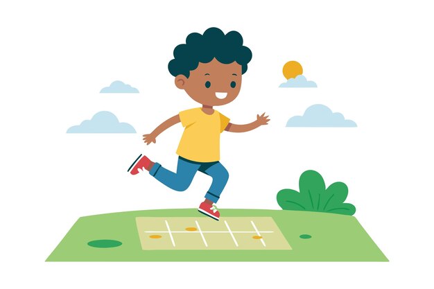 Vector happy child playing hopscotch outdoors on a sunny day in the park