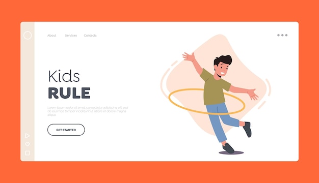 Vector happy child playing with hula hoop landing page template funny preteen kid character fun spare time recreation