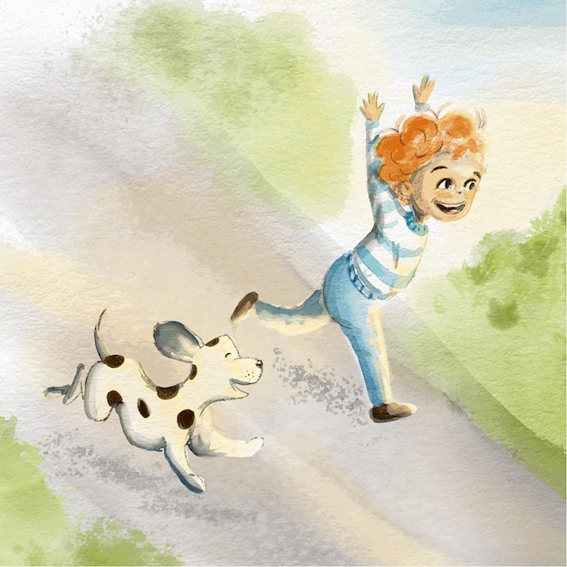 Happy child running with dog vector illustration watercolor hand-drawn