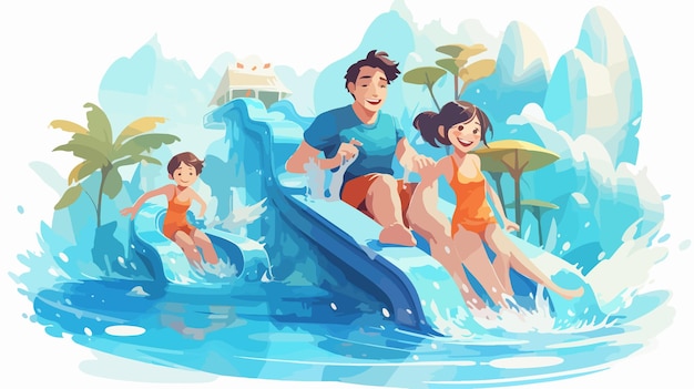 Vector happy child sliding in aqua water park with family