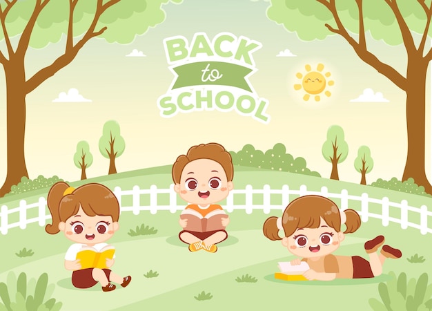 Happy children back to school study outdoor with nature background illustration