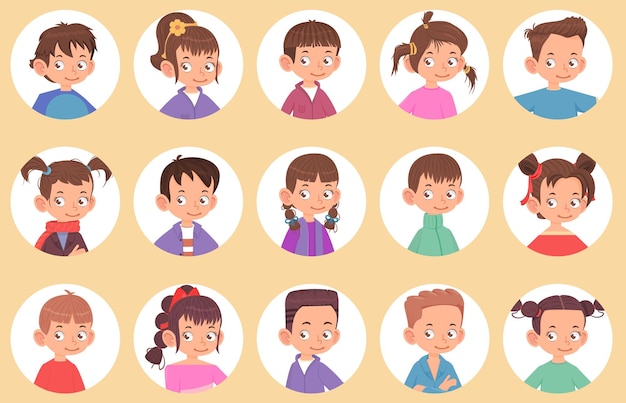 Happy children boys and girls portraits in round shape cartoon style