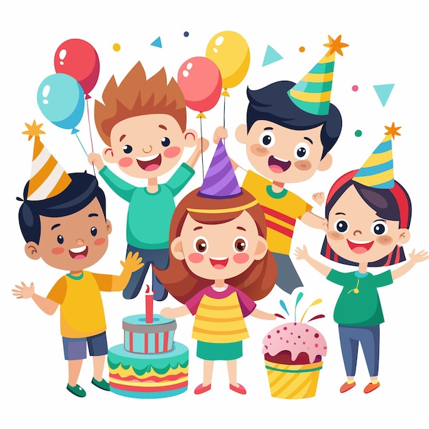 Happy children celebrating birthday with cake and balloons