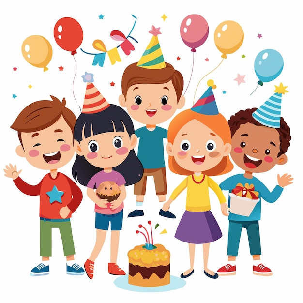 Happy children celebrating birthday with cake and balloons