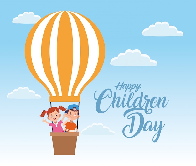 Happy children day celebration with kids flying