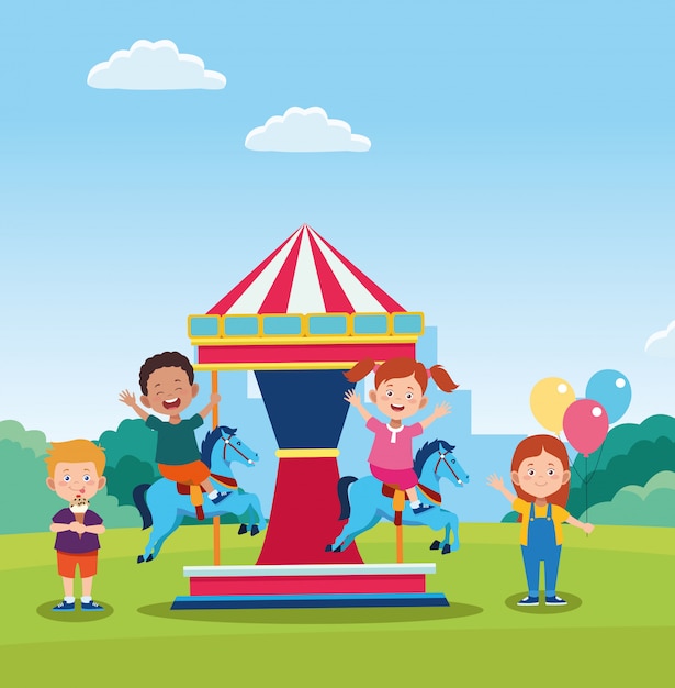 Happy children day design with horse carousel with cartoon happy kids