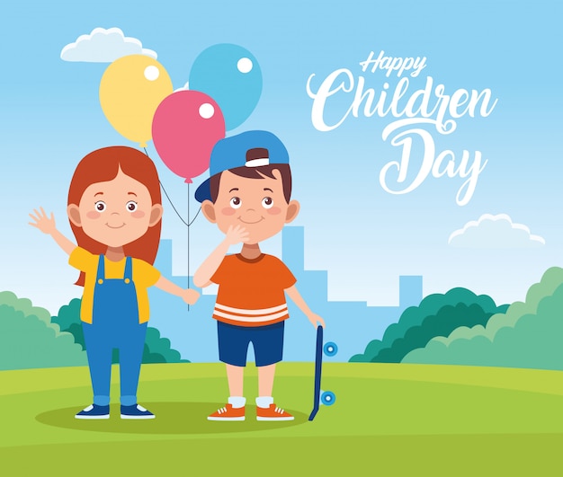 Happy children day greeting card with kids and balloons helium in the field