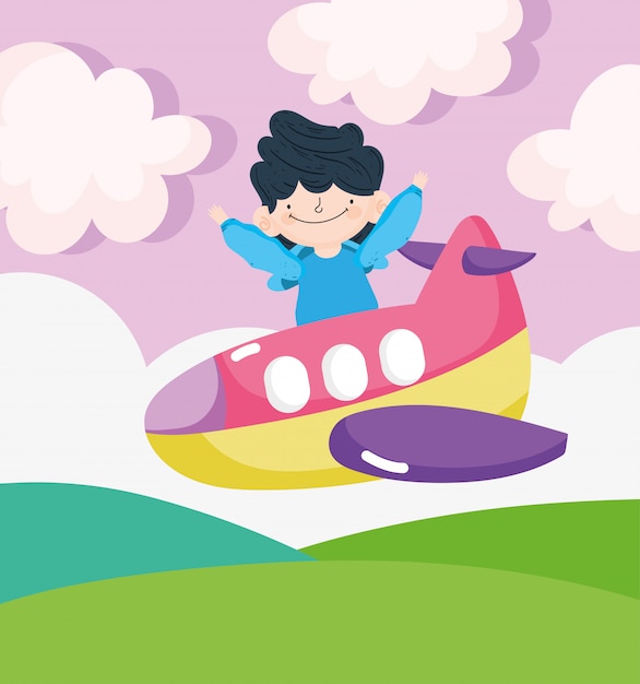 happy children day, little boy flying in the plane vector illustration