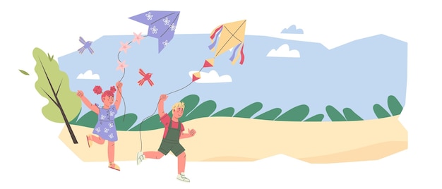 Happy children flying a kite flat vector illustration in flat style isolated