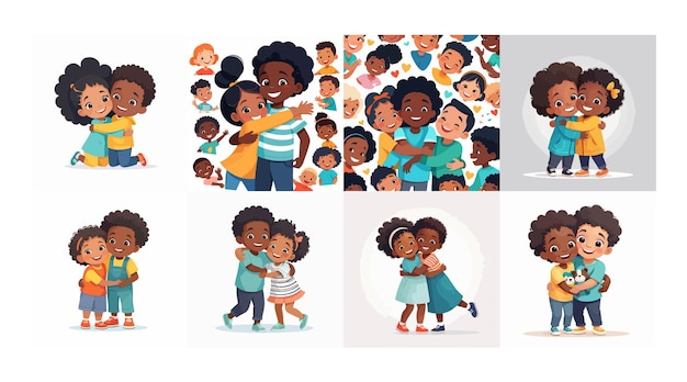 Happy children friends hugging Cute little kids of different race Excited boy and black girl smiling and embracing Joyful toddlers together Flat vector illustration isolated on white background