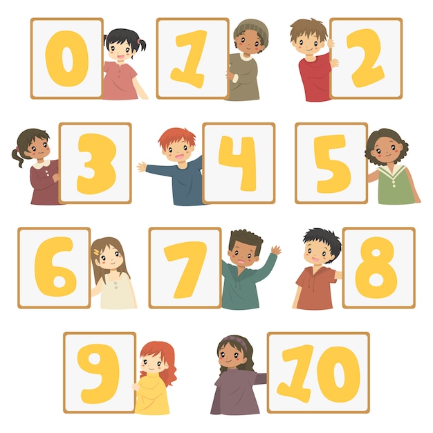 Happy children holding number boards,  set.