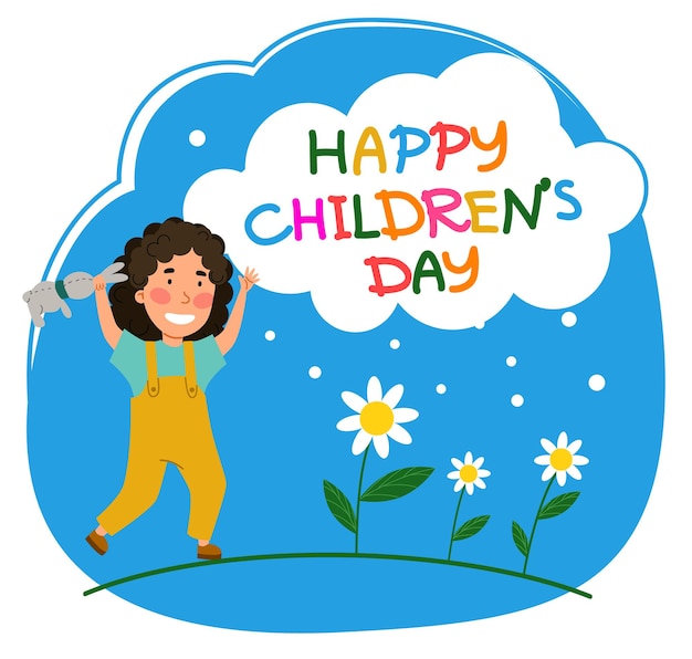 Happy Children is Day. A curly-haired girl runs through a field of flowers. Perfect for invitations, banners, and greeting cards. Vector illustration in a flat style.