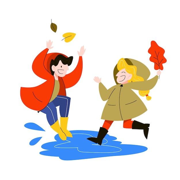 Happy children jump in the puddle under the rain. Autumn weather, girl and boy have fun.    illustration