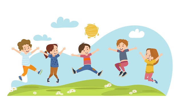 Vector happy children jumping on summer meadow