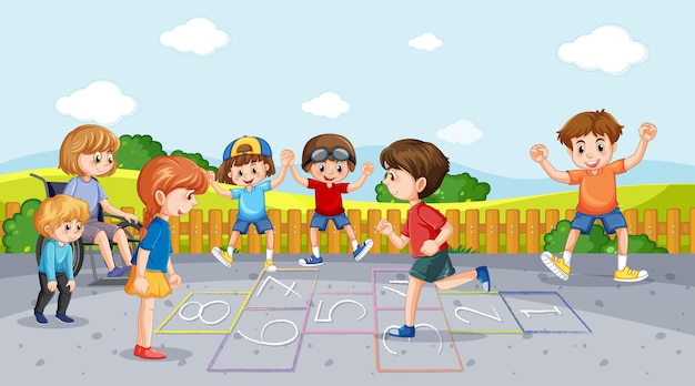 Happy children playing hopscotch on playground