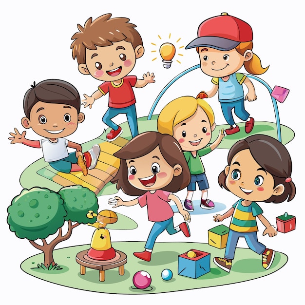 Vector happy children playing in a park with a tree blocks a ball and a bell