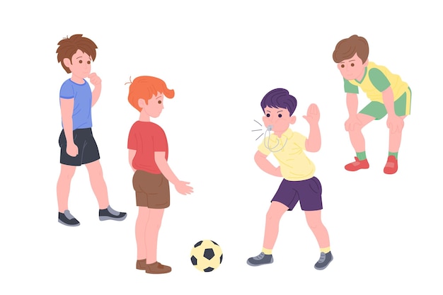 Happy children playing sport game. Boy and girl doing physical exercise. Kids playing football. Active healthy childhood. Flat vector cartoon illustration isolated on white background