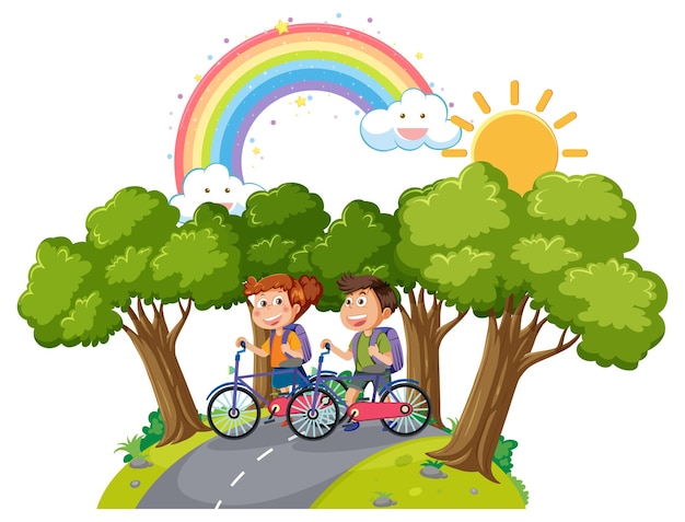 Happy children riding bicycle at park