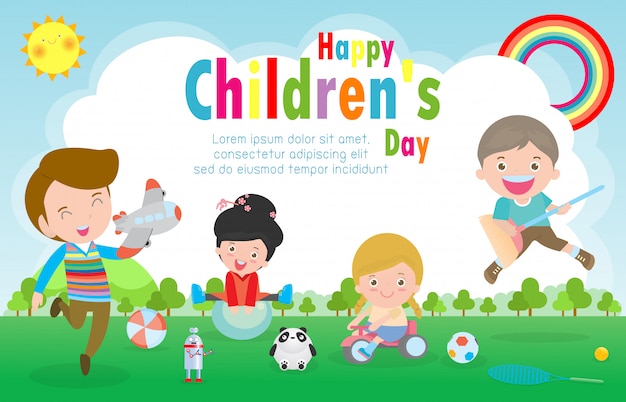 Happy children's day background poster with happy kids