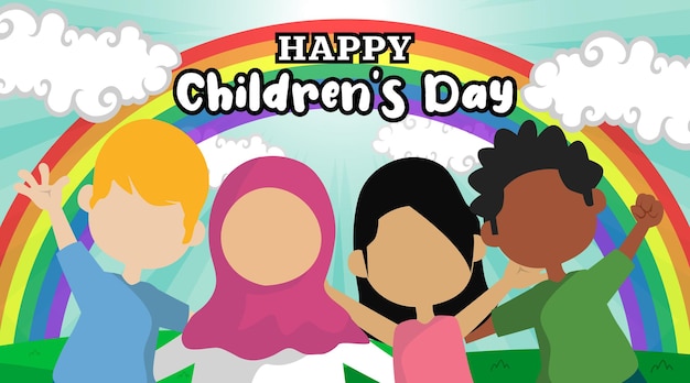 Happy children's day background with children embrace each other illustration