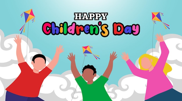 Happy children's day background with children playing kite illustration