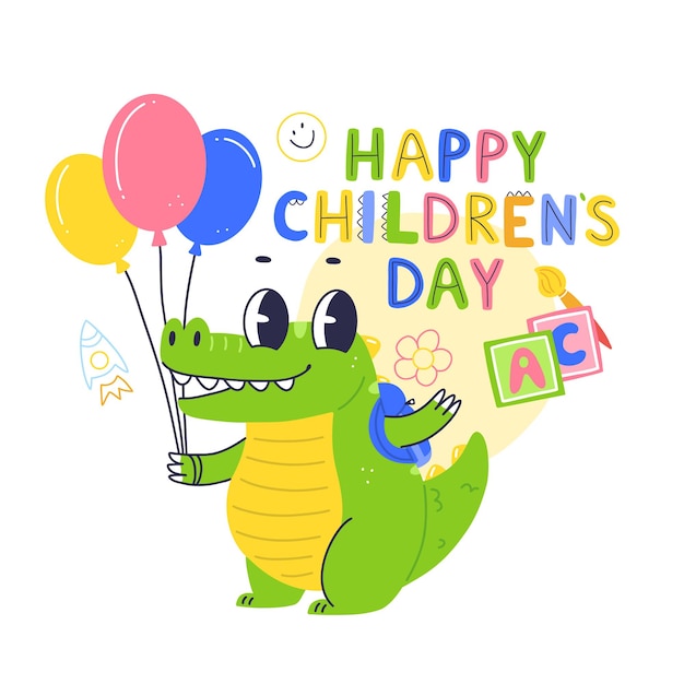 Happy children's day concept poster design with cute crocodile character in cartoon flat style