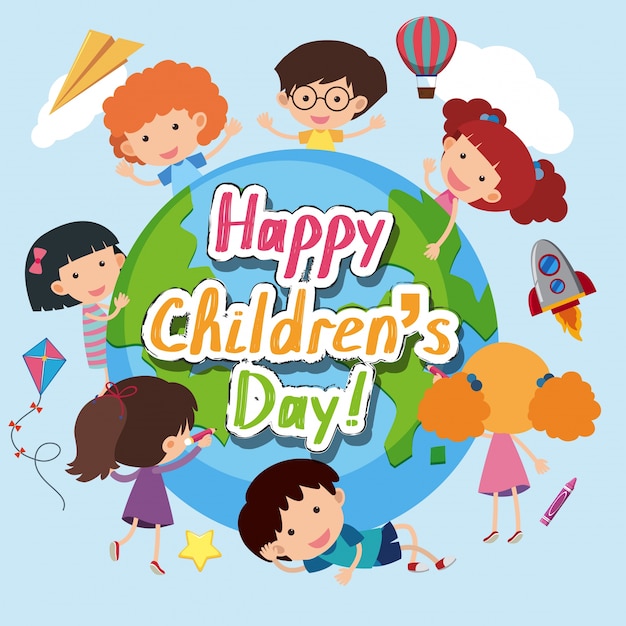 Happy Children&#39;s day poster with happy kids around the world