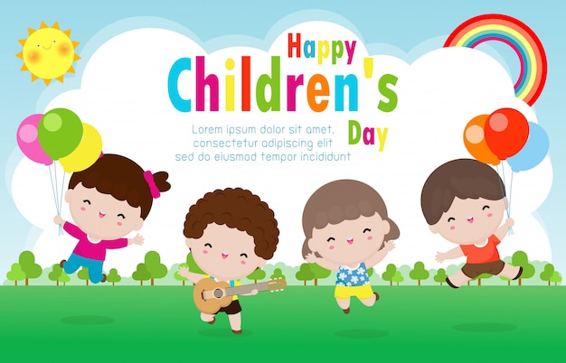 Happy Children's day poster with happy kids greeting card background   illustration International Children's Day design