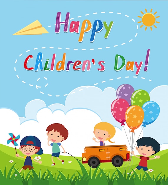 Happy children&#39;s day poster with kids in the park