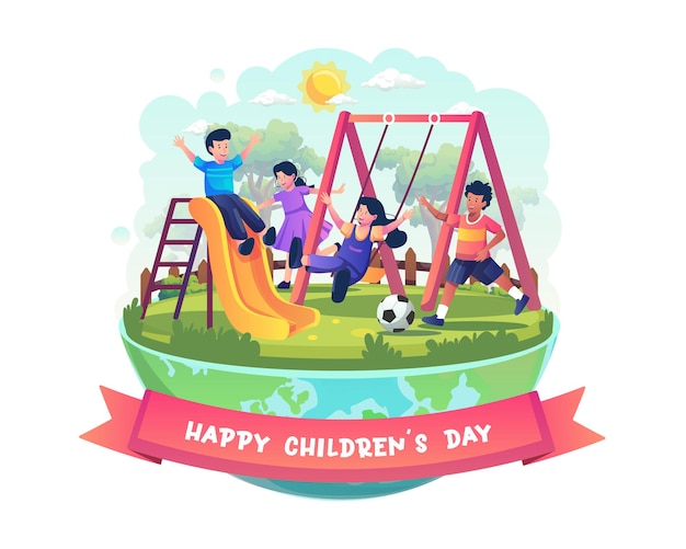 Happy Children's day with Children is having fun playing in the playground illustration