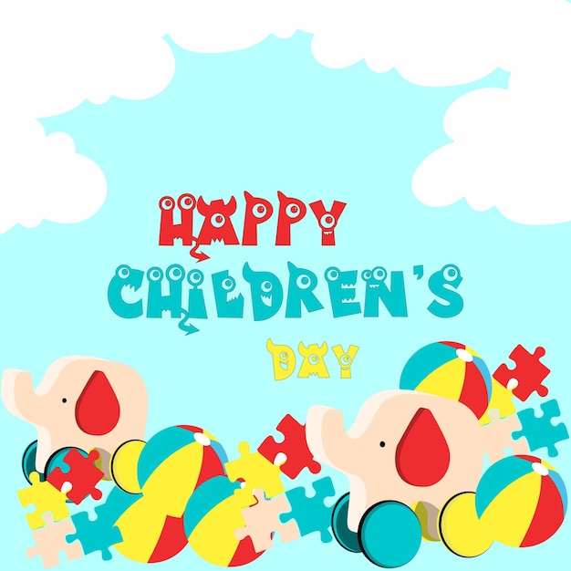 Happy Children's Day with toys in bottom and clouds on top vector illustration. For poster