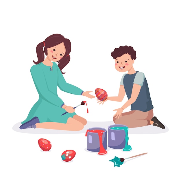 Happy children sit and paint Easter eggs. Boy and girl make decorations for the holiday. Brother and sister play together. Vector flat illustration