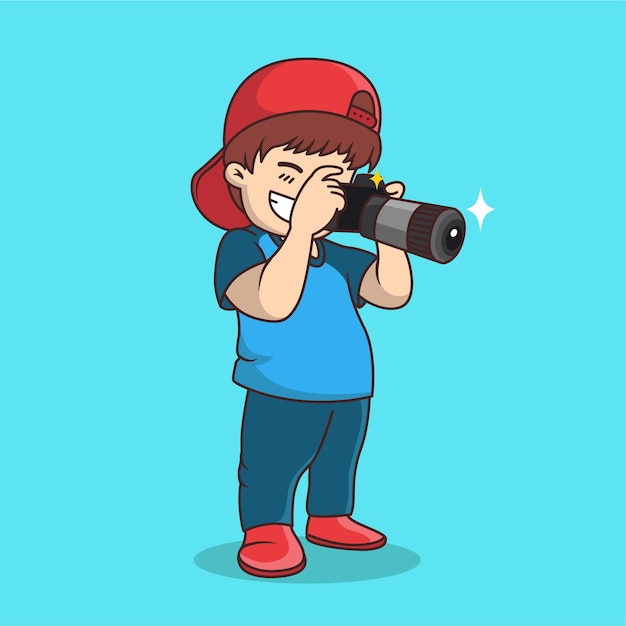 Happy children taking photos with camera cartoon vector illustration