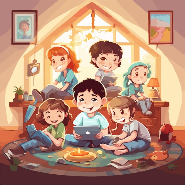 Happy children using modern technology devices at home illustration