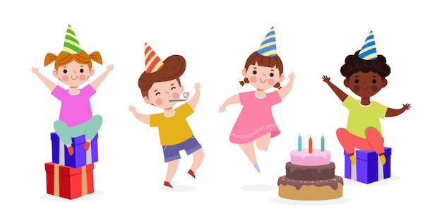 Happy children with cake and gift box at the Birthday party and group of friends isolated vector