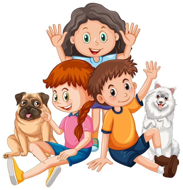 Happy children with their pets on white background