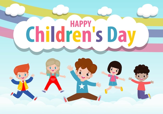 Happy childrens day card with group cute kids jumping on the cloudy sky with rainbow