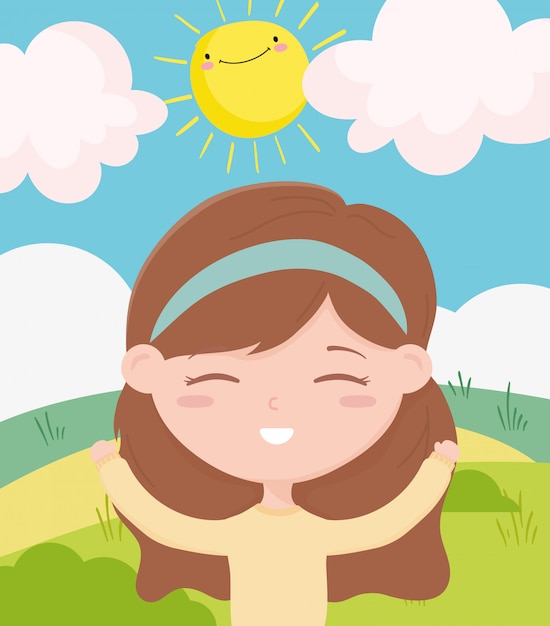 Happy childrens day, cute little girl cartoon celebrating outdoors